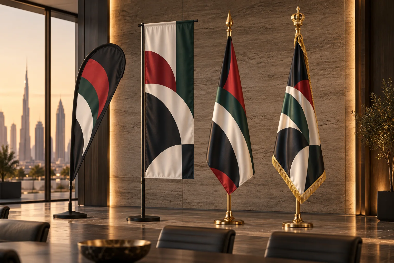 Four premium conference flag styles displayed in a contemporary executive interior