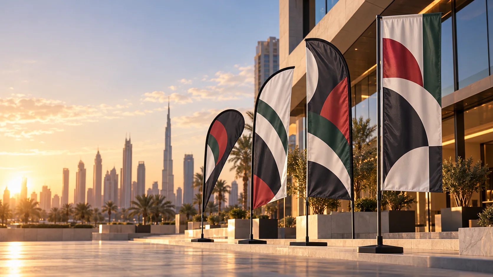 Custom advertising flags outside a contemporary Dubai commercial building