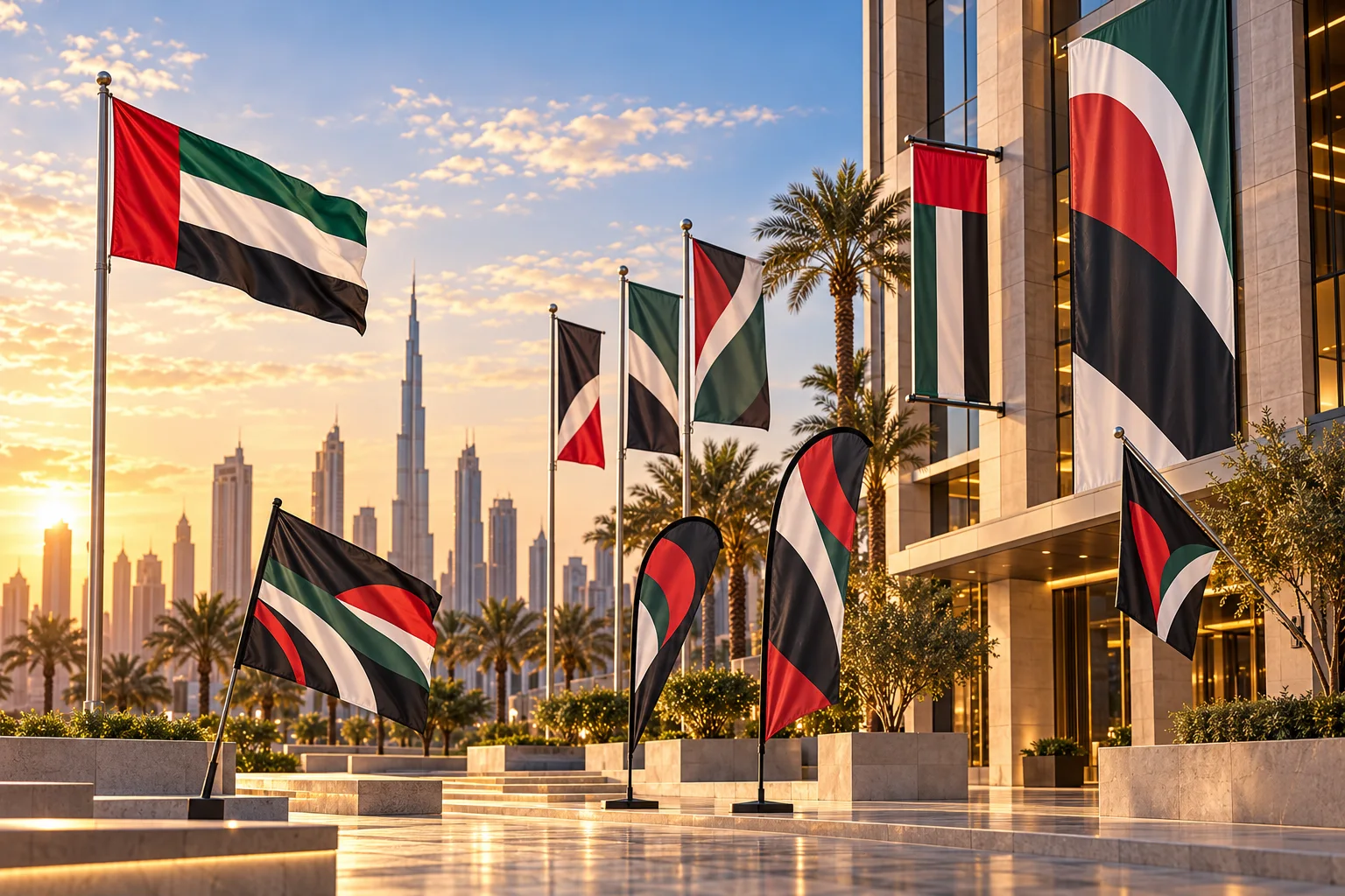 Custom printed advertising flags displayed outside a modern UAE venue