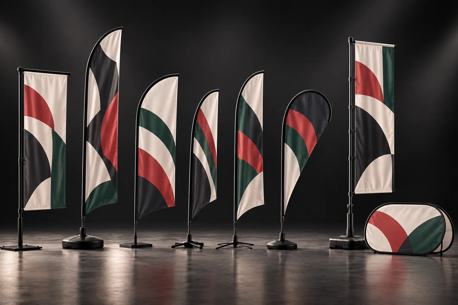 A premium studio line-up of L-shape, sail, curved-top, feather, teardrop and telescopic advertising flags