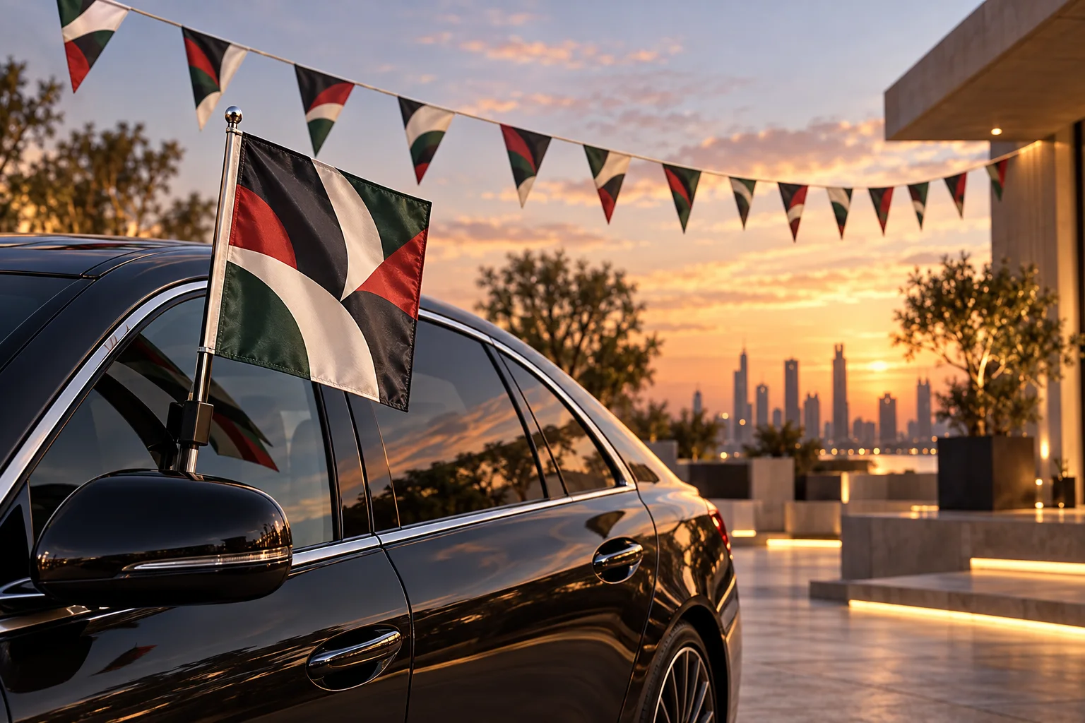 A refined car window flag and coordinated triangular bunting at an outdoor event