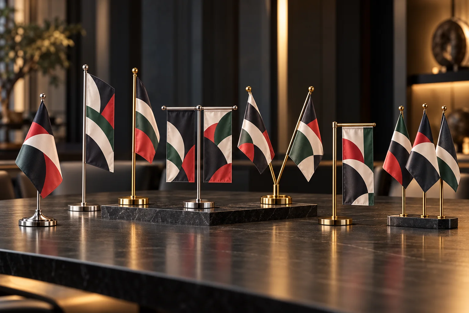 A curated collection of silver, gold, T-shape, V-shape, L-shape and three-pole table flags